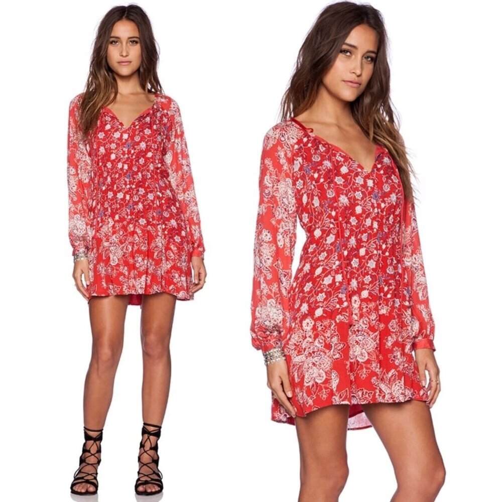 Free People Orange Red Lucky Loosey Floral Print Mini Dress Small 23396
